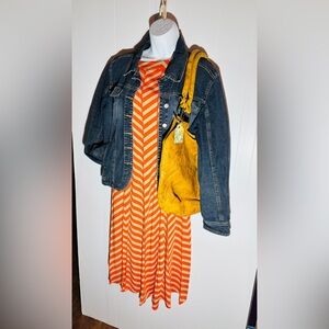 Three-piece outfit, jacket, dress, and bag